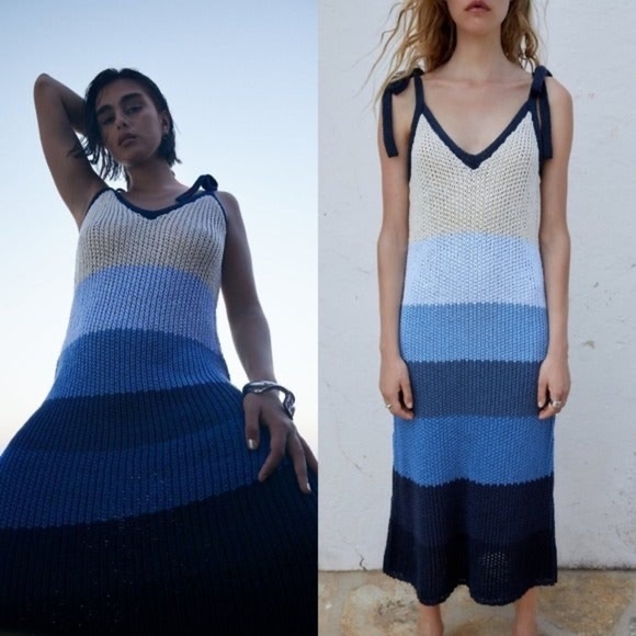 Zara Stripe Knit Midi Dress Tie Straps Blue Small - Picture 1 of 11